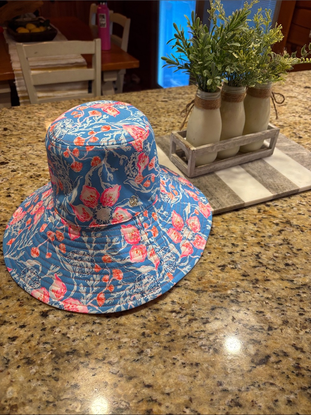 Lilly Pulitzer Blue Floral Bucket Hat with Pink Accents